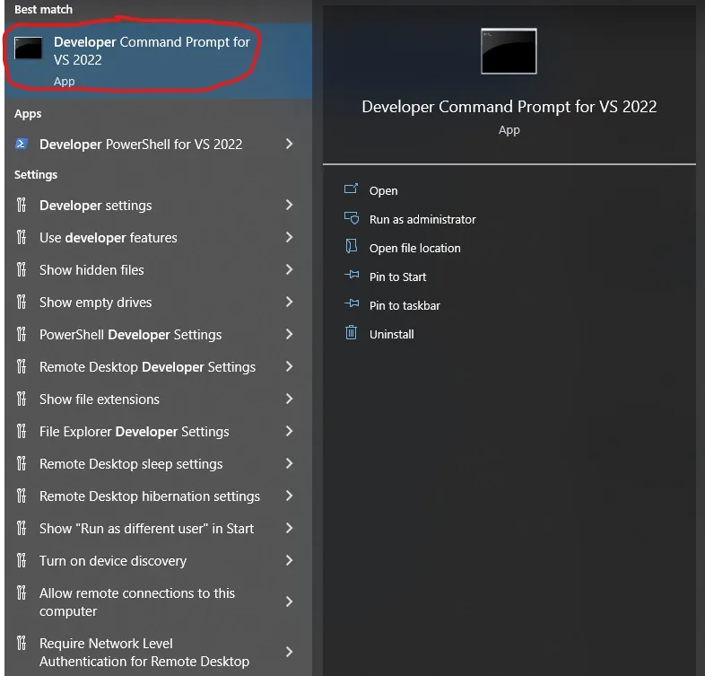 Select the developer command line